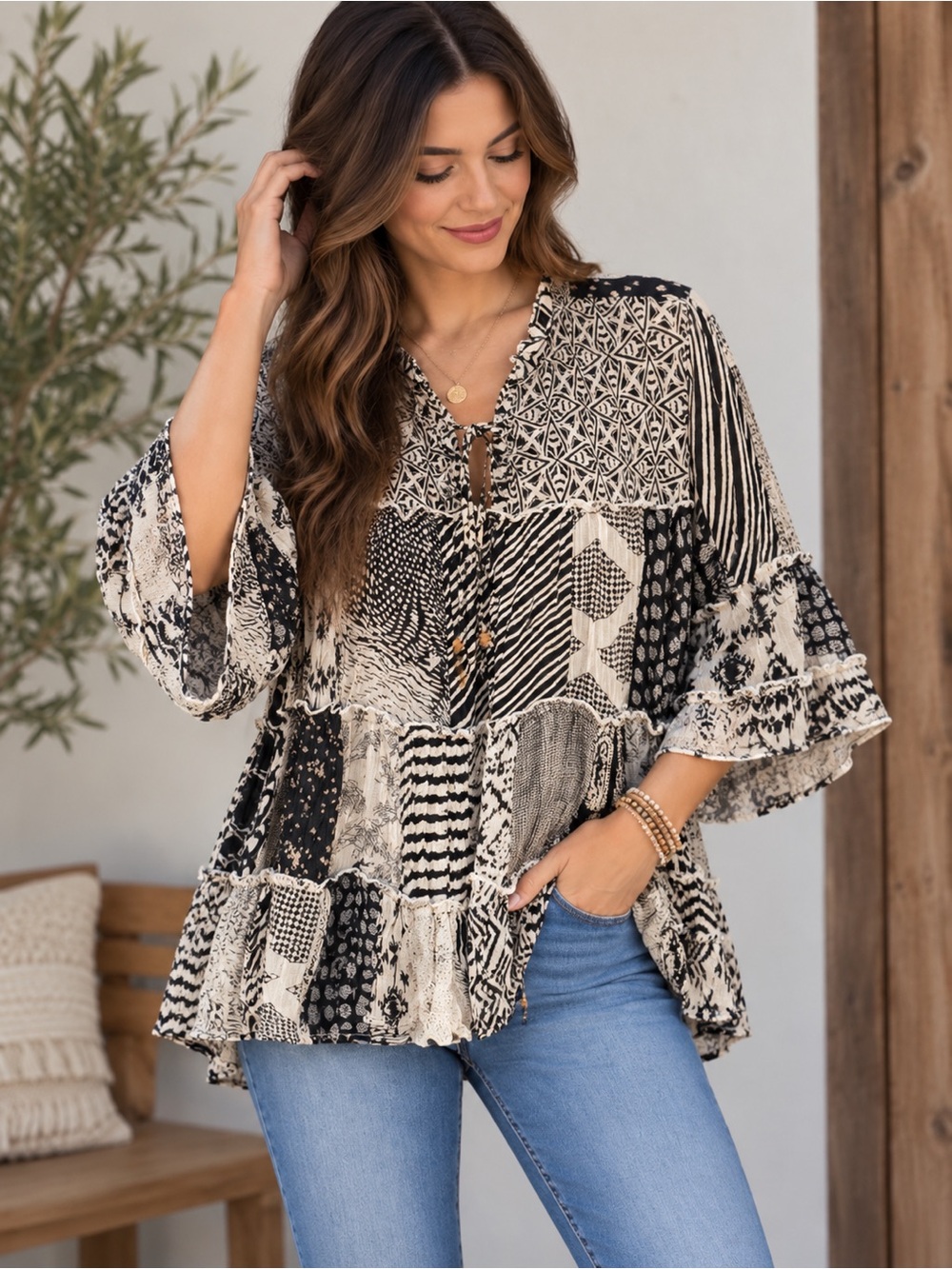 510. Women's Monarch Mixed Media Tiered Patchwork Top